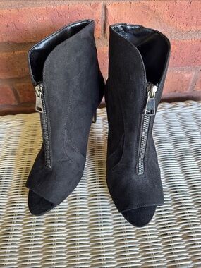 Black Suede Peep-Toe Ankle Booties with Front Zip